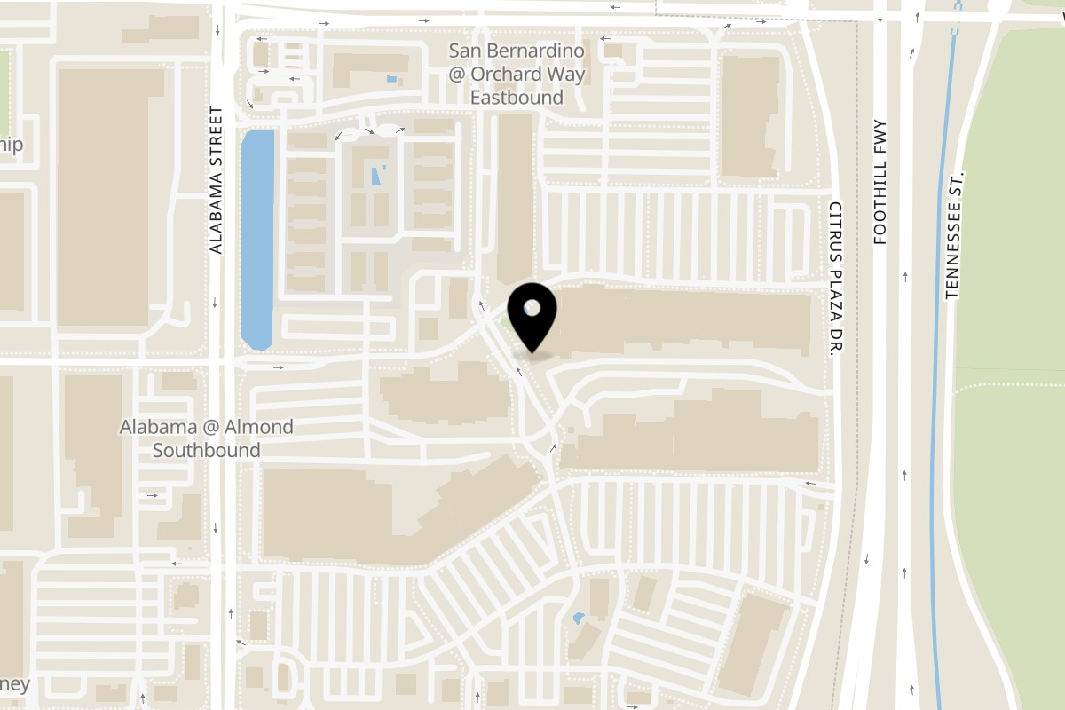 Map showing the location of Cluck Kitchen Cluck Kitchen - Redlands on 27511 San Bernardino Ave #130 in Redlands